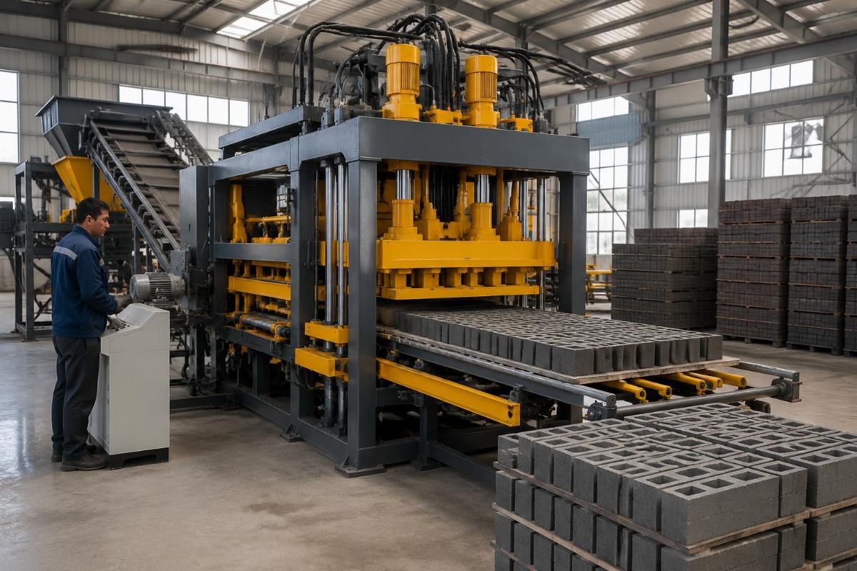 four-motor vibration system concrete block machine Central Asia Central Asian concrete block factory interior showing automated production line with four-motor vibration system