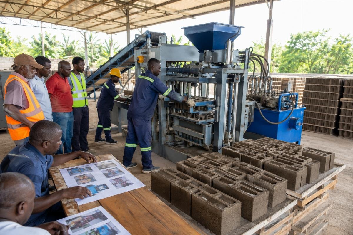 how to start brick making in rural areas worker training Workers operating a block making machine following pictorial SOP training materials