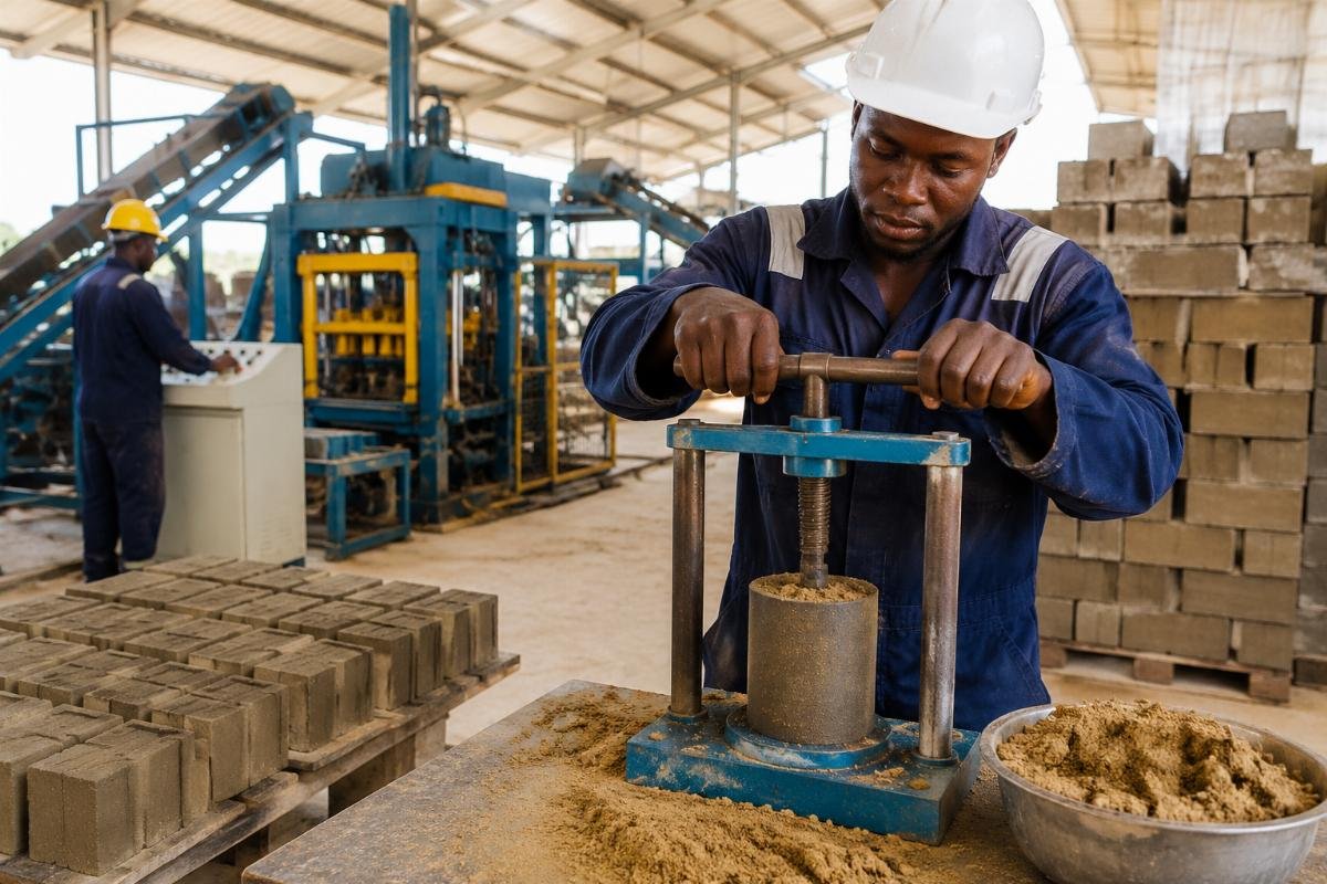 Field squeeze test being performed on sand sample at a block factory in West Africa