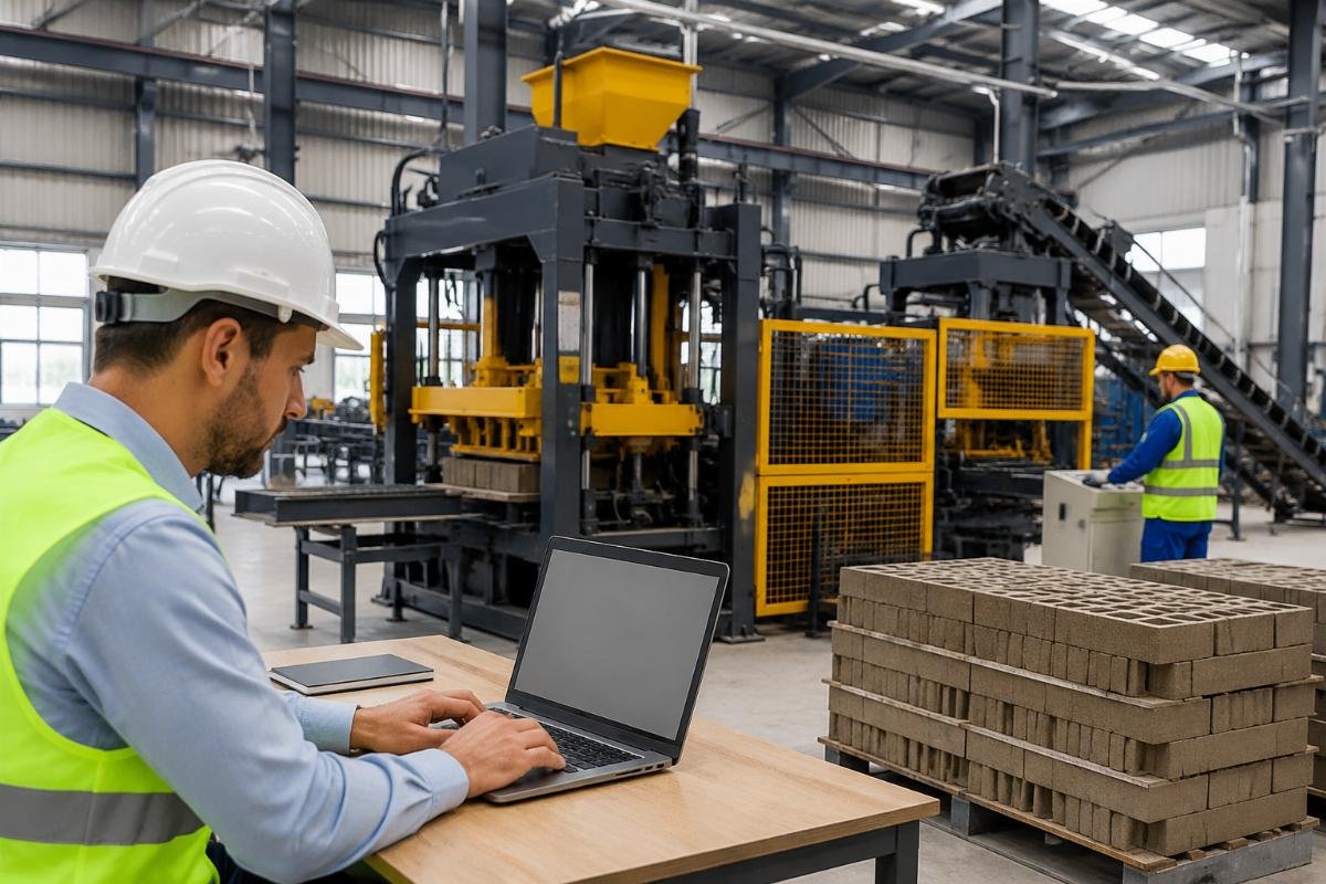 how to verify CE certification block machine NANDO database Engineer verifying CE certificate on laptop at factory