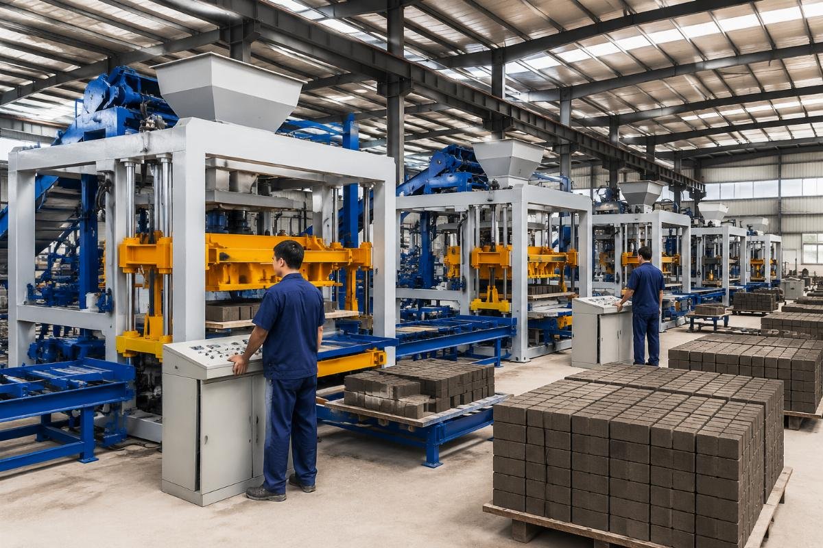 ISO 9001 brick machine manufacturer China factory scale Factory workshop with multiple block machines in production