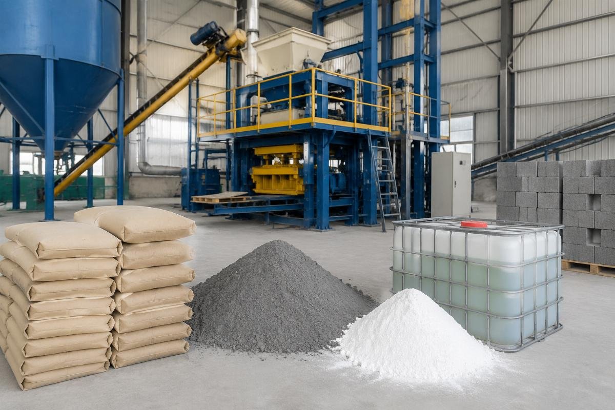 lightweight concrete block materials raw ingredients Raw materials for lightweight concrete blocks including cement bags, fly ash, and foaming agent