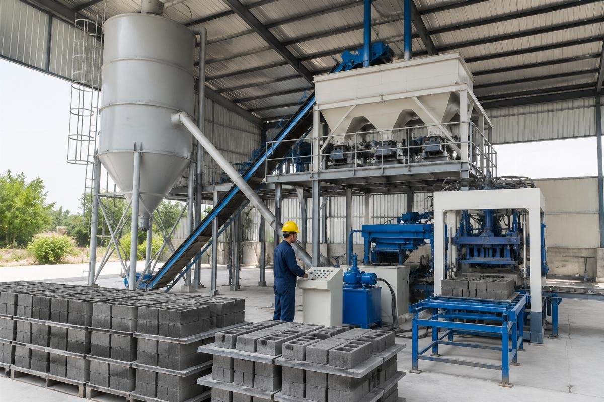 Automated batching system with cement silo and water metering for block production