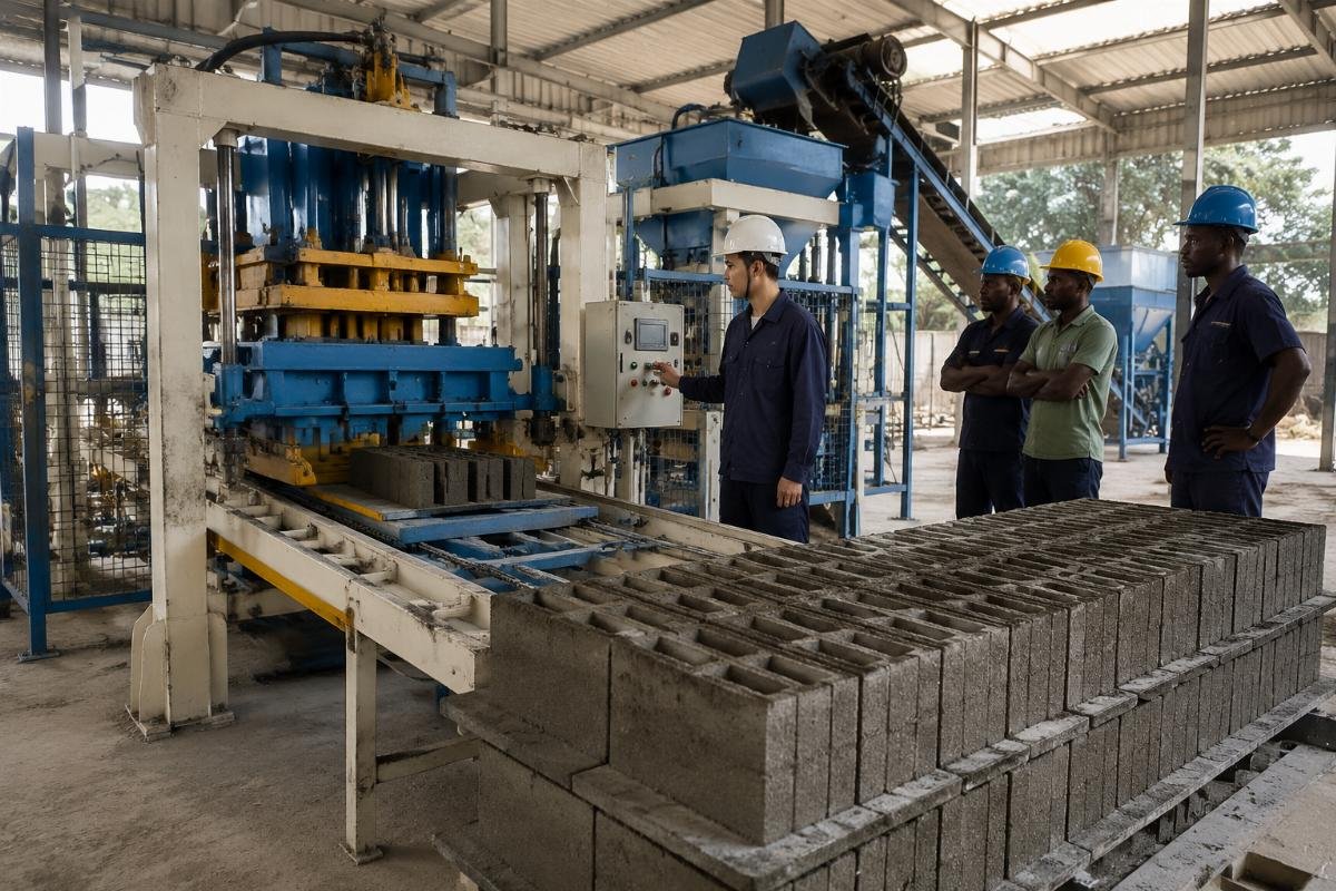 Engineer commissioning automatic block production line in African factory