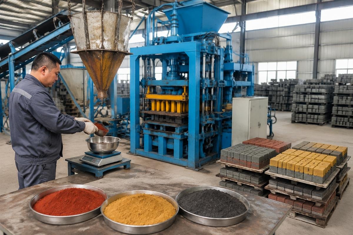 Iron oxide pigment powder being weighed for concrete paver production