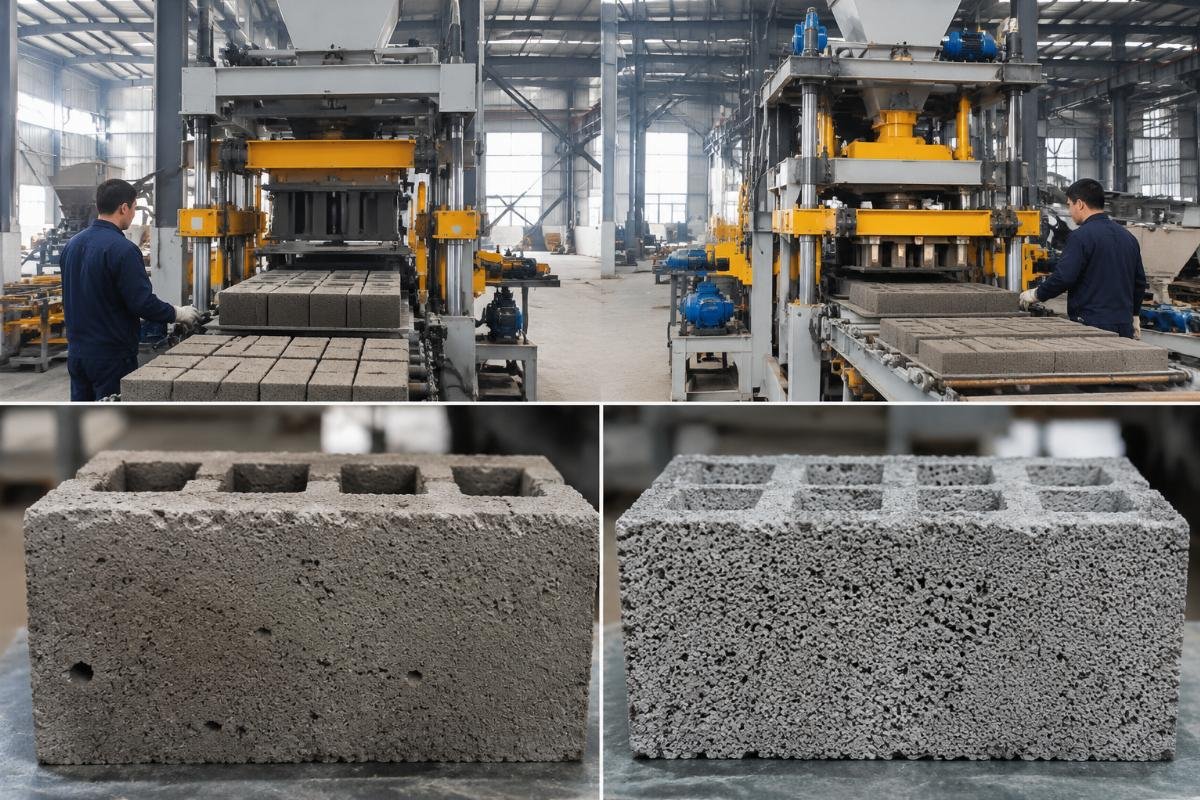 Cross-section comparison of pumice blocks produced by single-motor versus four-motor vibration systems