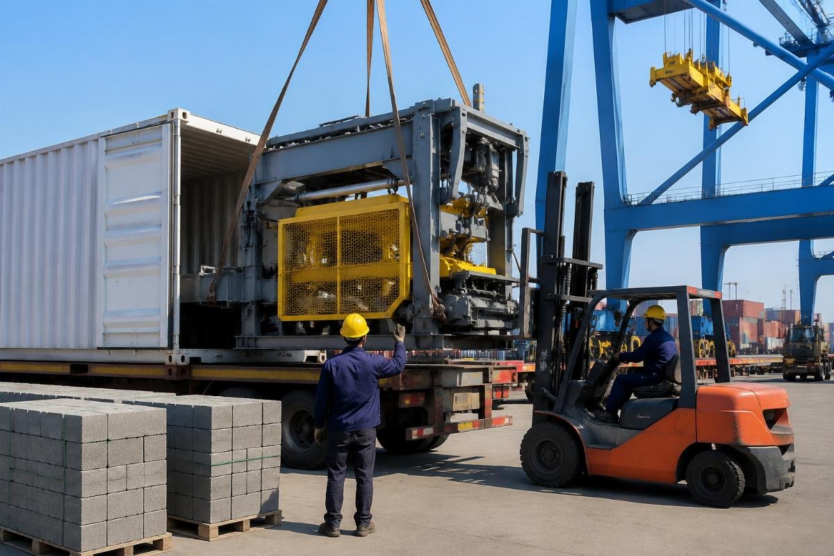 Qingdao Port container terminal with block machine cargo being loaded