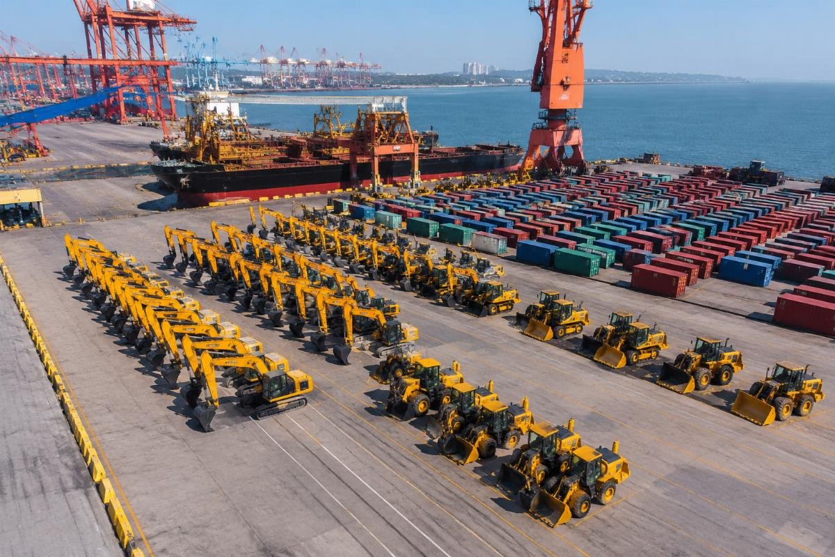 Qingdao Port heavy machinery handling lanes reduce congestion delays Qingdao Port terminal showing organized container staging area for heavy machinery