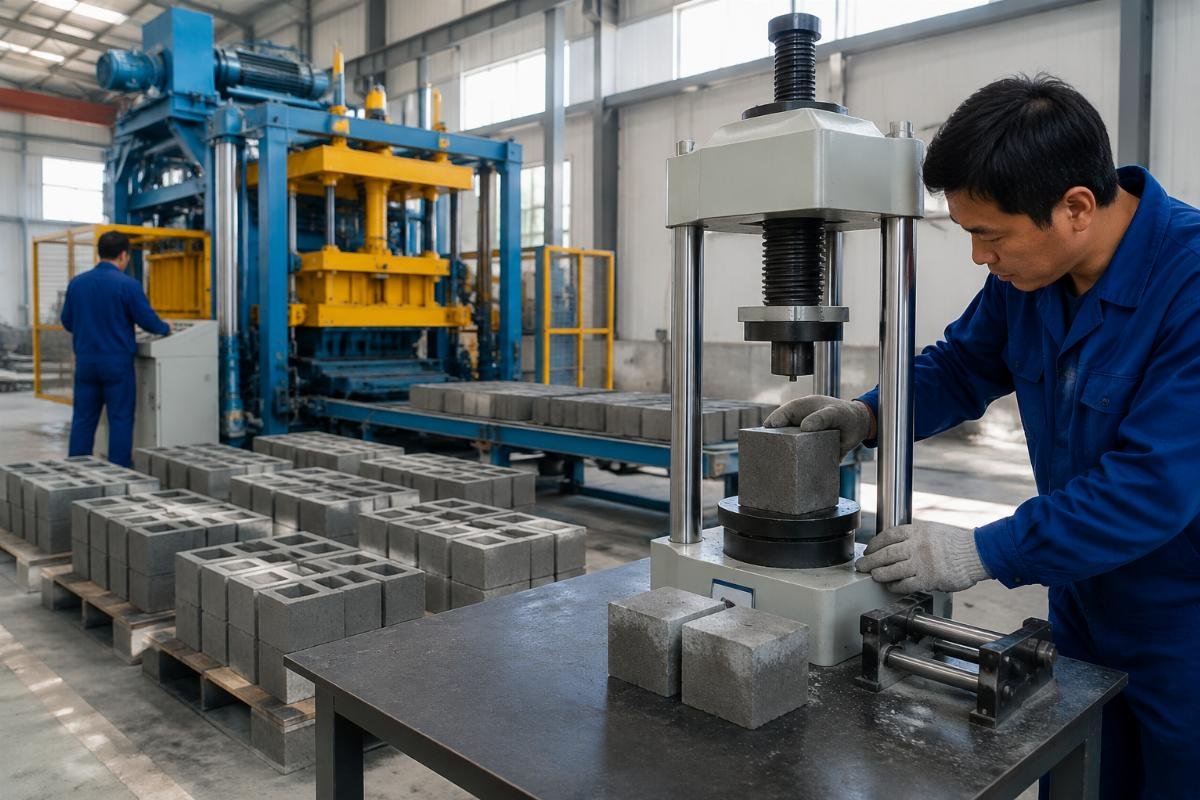 Block quality inspection showing density and strength testing