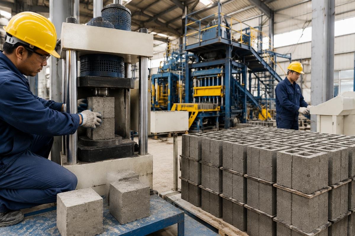 Cube compression testing of concrete block samples in a basic field laboratory