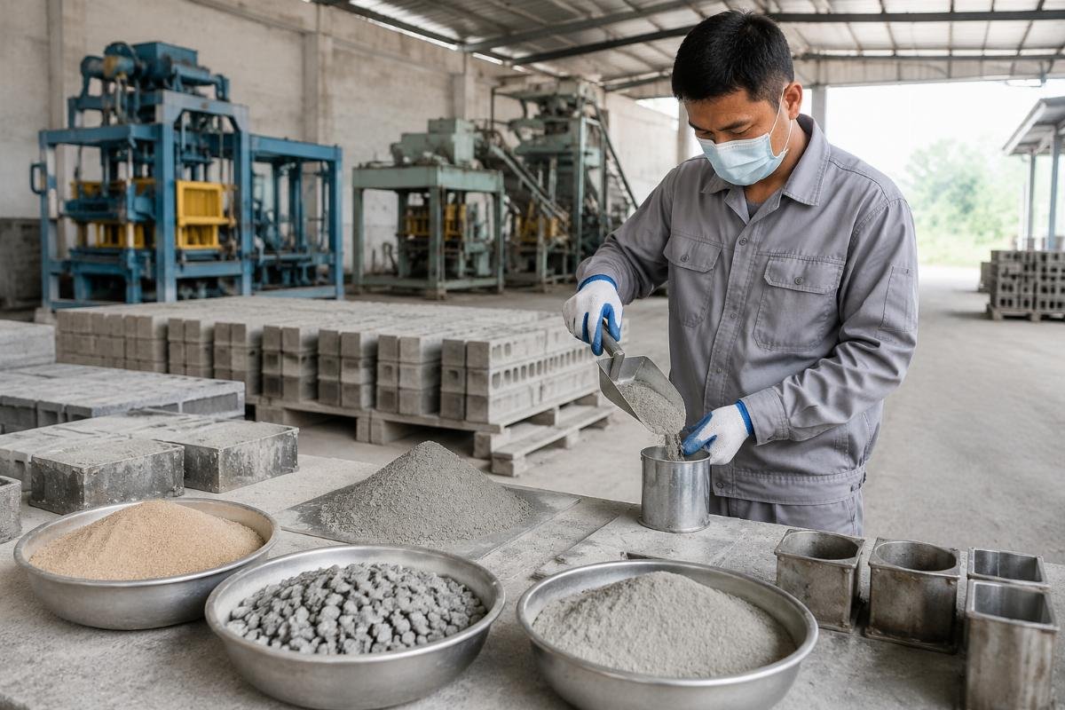Raw material testing setup at a block production facility showing sand, aggregate, and cement samples being inspected