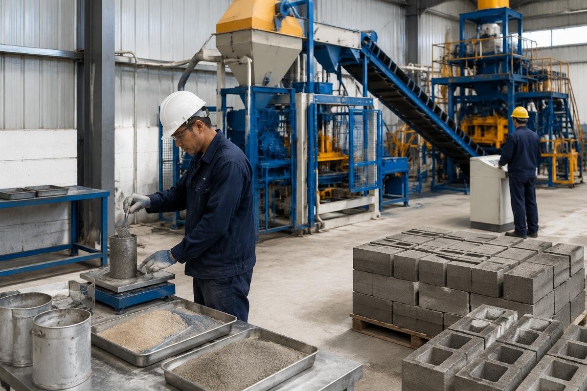 Concrete block production line with raw material testing station
