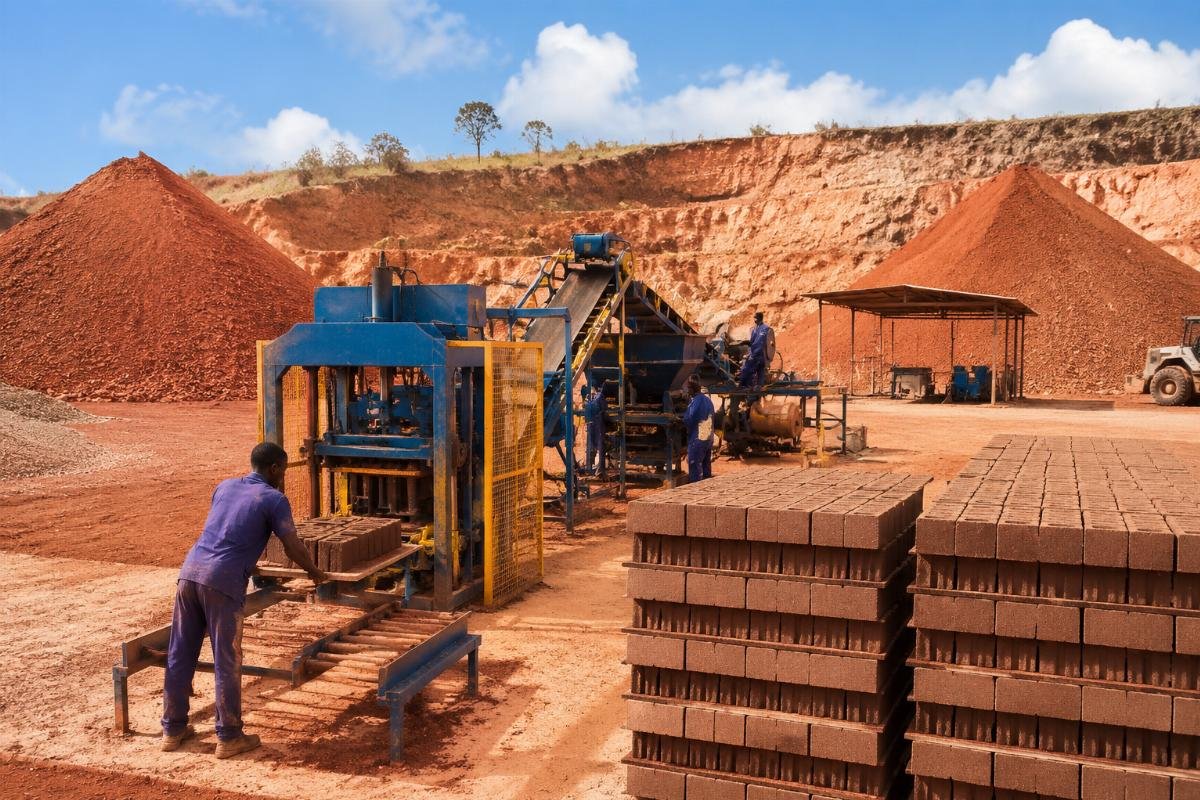 A block production line operating in a remote quarry setting with local laterite stockpiles in the background