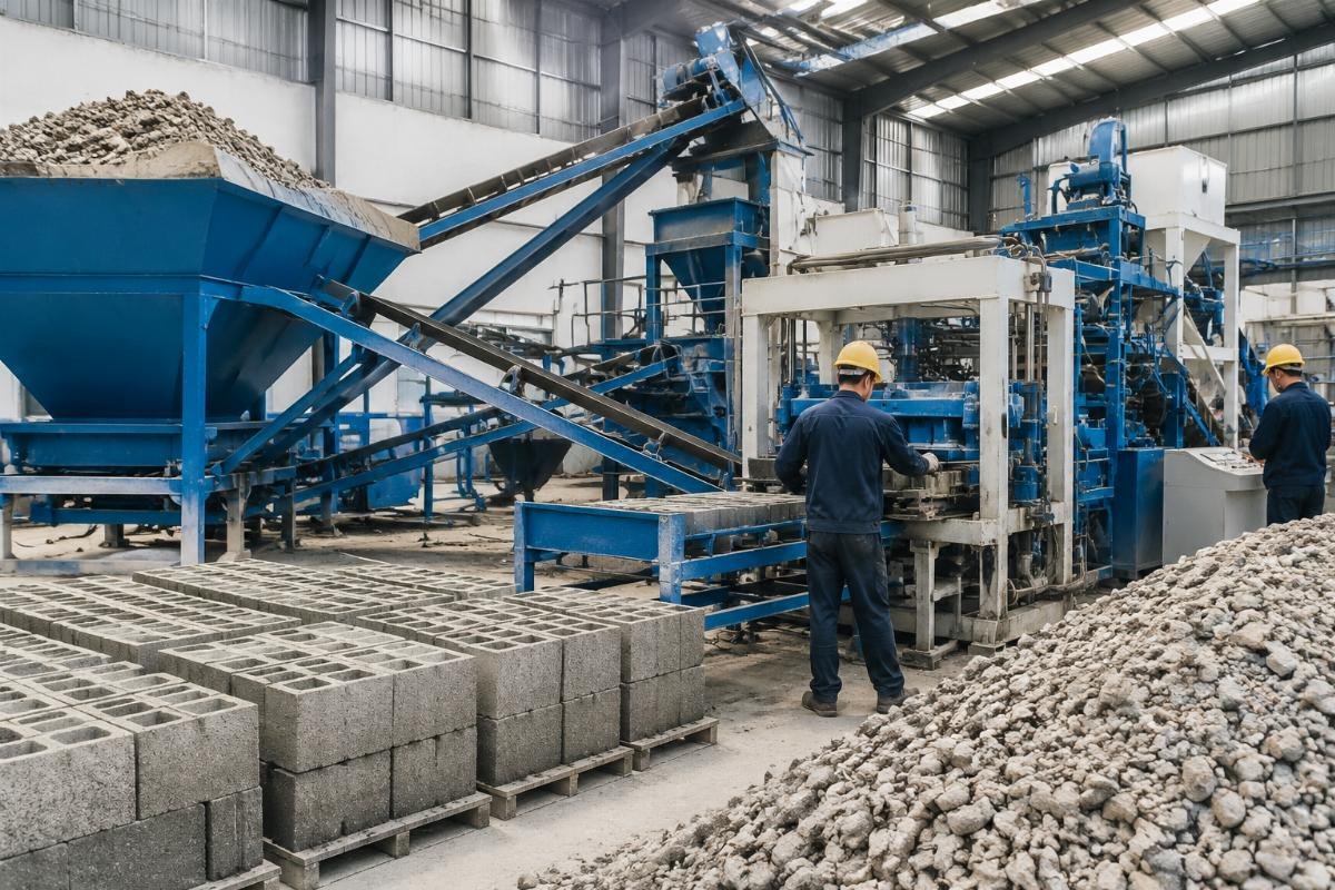 Recycled aggregate crushing and screening system for block production