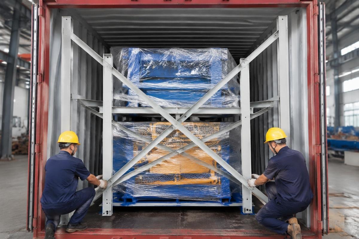 Block machines loaded inside a 40HQ container with steel-frame bracing and moisture barrier wrap