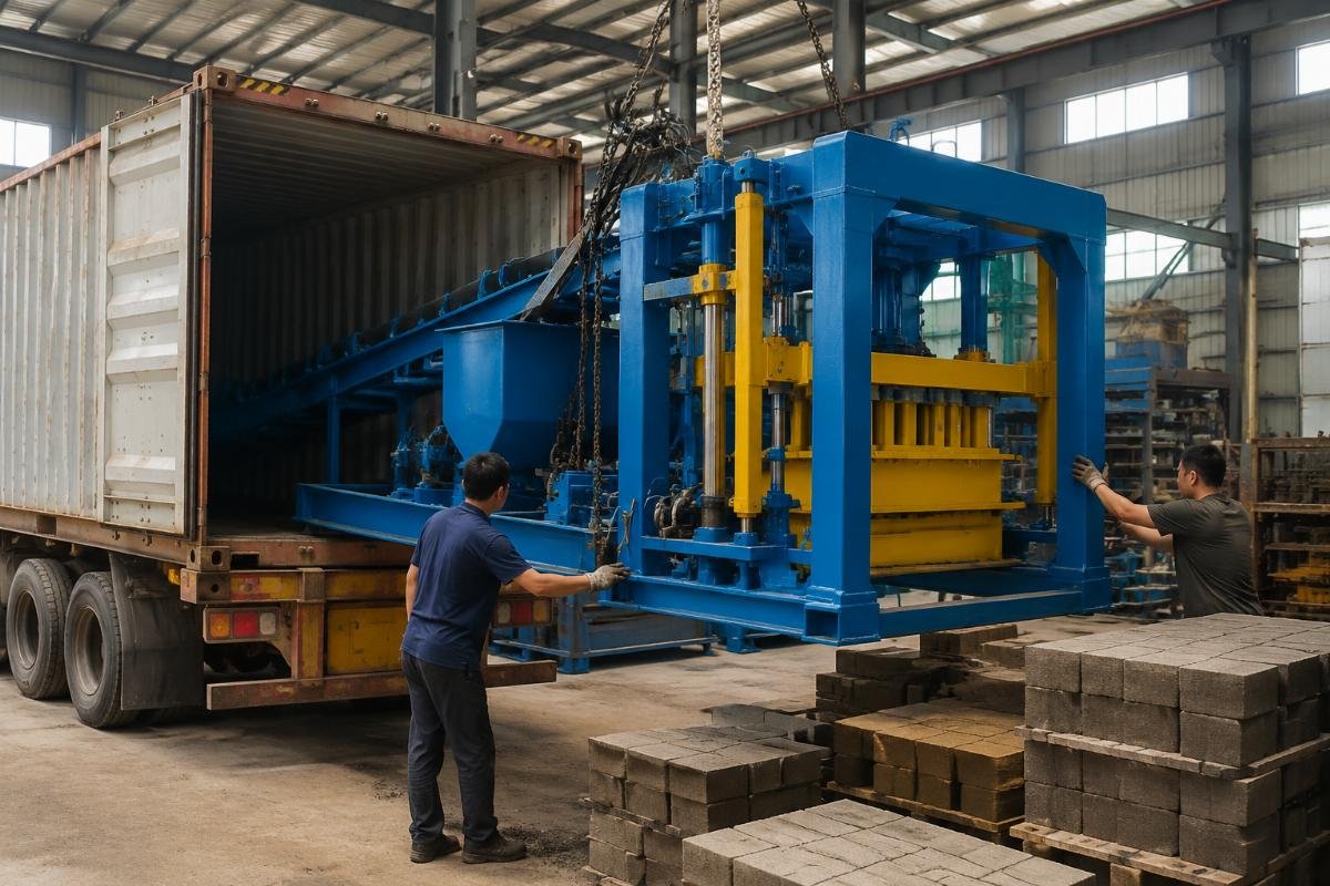 T/T payment terms block making machine supplier China export Semi-automatic block machine line being loaded into shipping container at Chinese factory