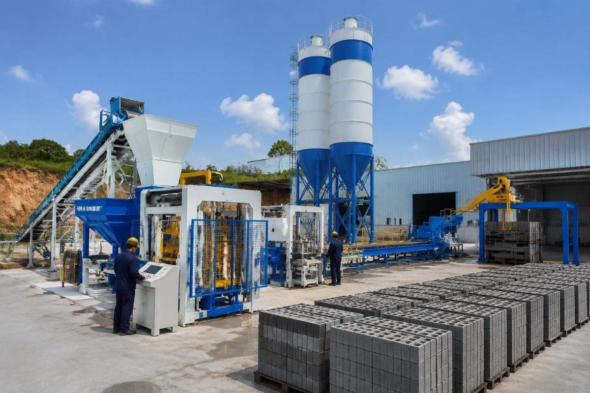 Complete block production line with batching plant silo and stacker