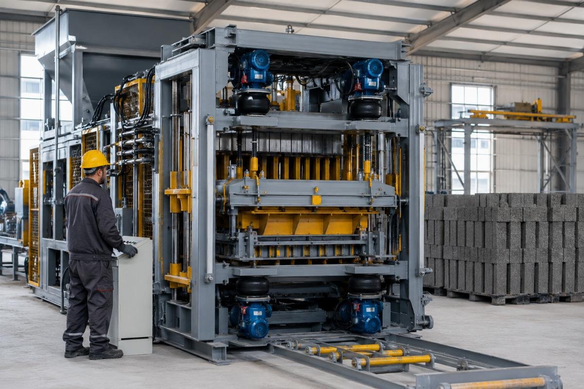 Four-motor vibration system with airbag suspension in a European-style block making machine