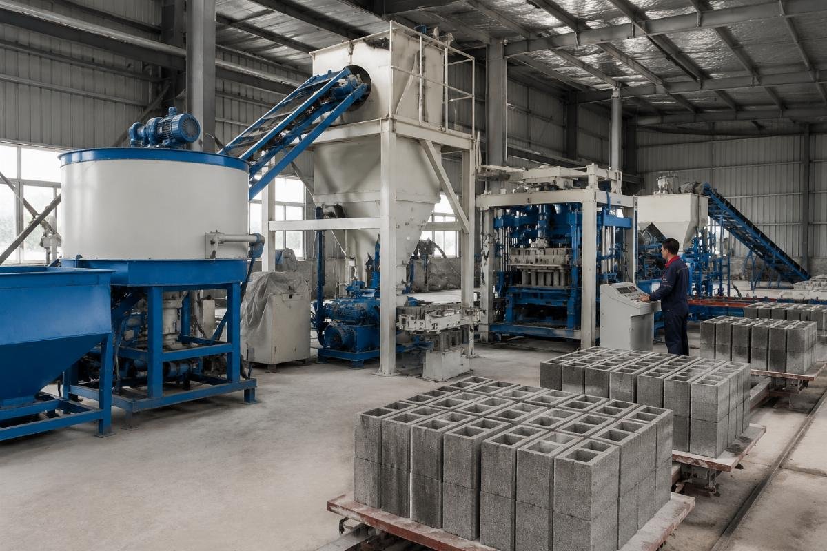 Concrete block production line showing mixer, batching system, and block making machine