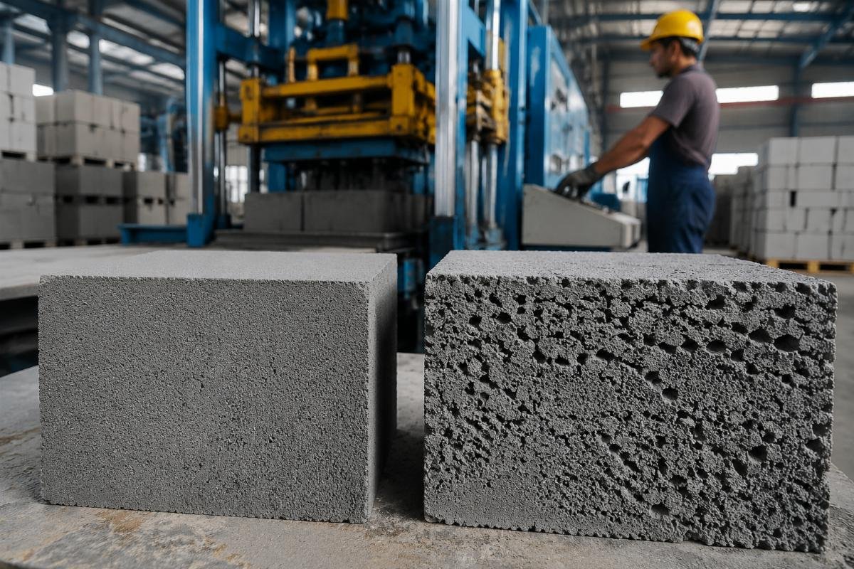 Close-up of concrete block surface showing dense texture versus honeycomb defect