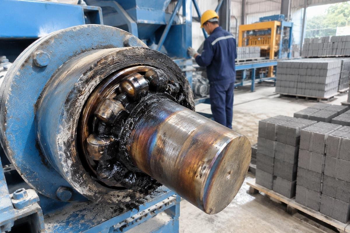 Burnt bearing assembly from a mixer shaft showing signs of heat damage due to lack of lubrication