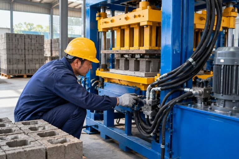 Close-up inspection of hydraulic hoses and mold alignment on a manual block making unit in an industrial setting
