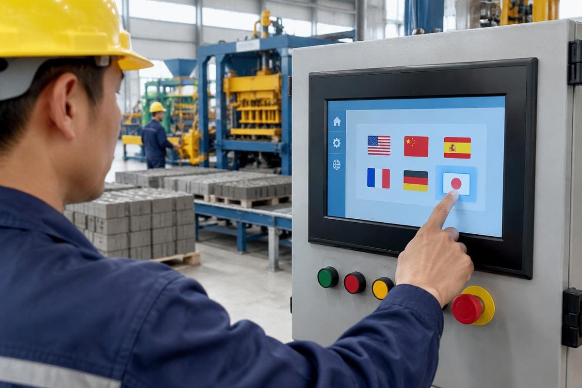 Close-up of a PLC touch screen displaying multi-language options for operator ease