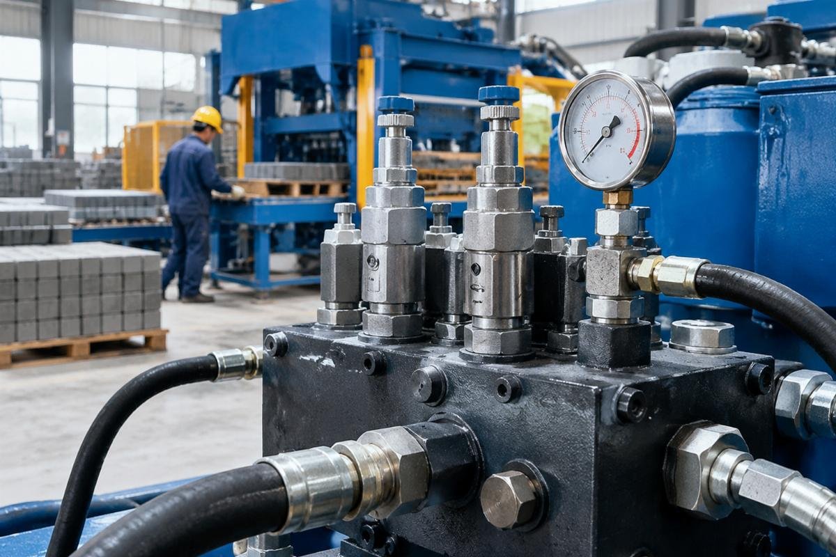 Close-up of hydraulic manifold with temperature gauge and pressure relief valves