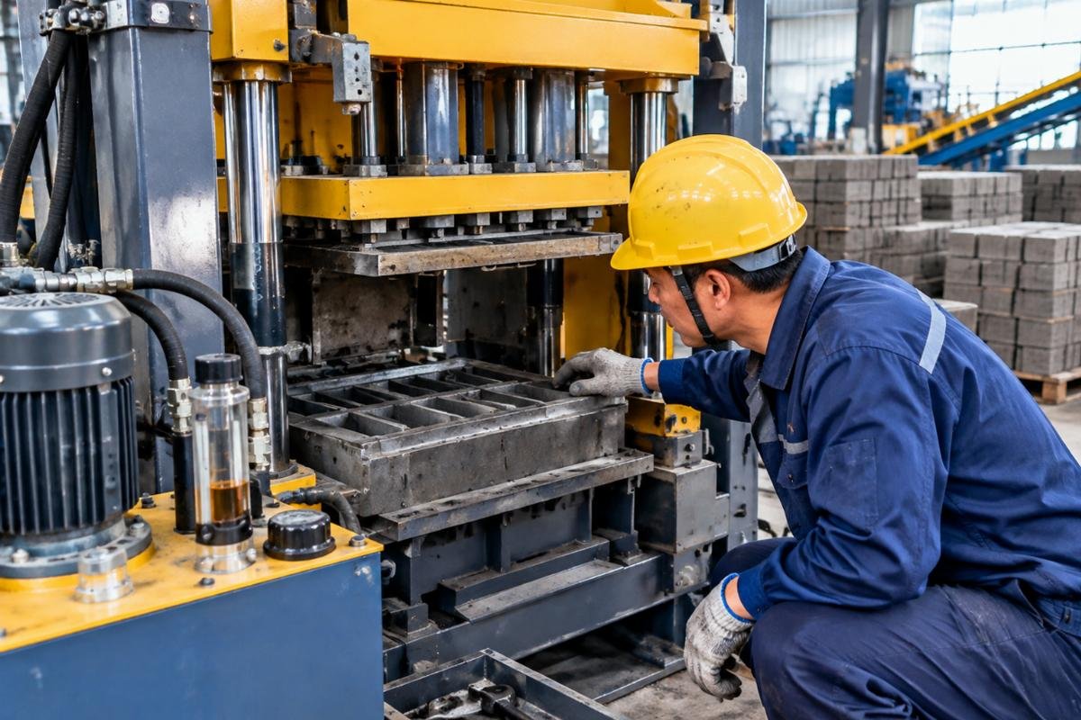 Close-up photo of an operator checking hydraulic oil levels and inspecting mold surfaces
