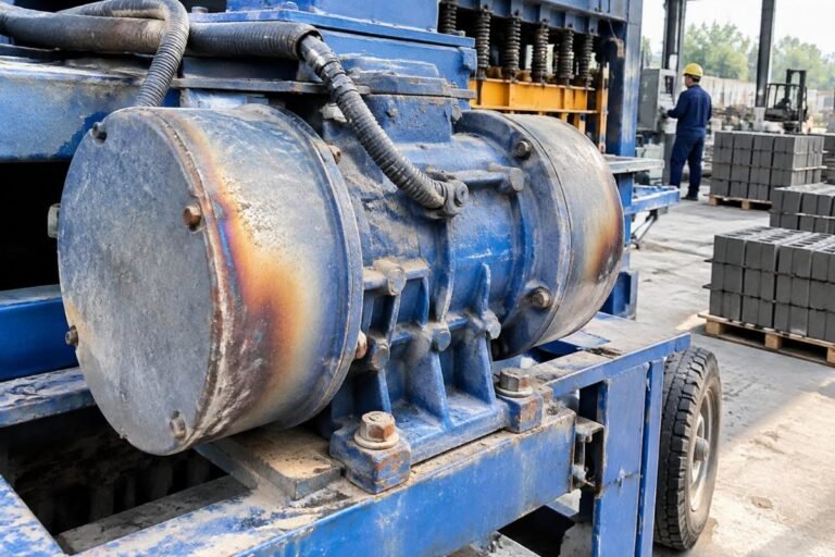 Close-up view of a worn vibration motor bearing housing on a mobile block machine showing heat discoloration