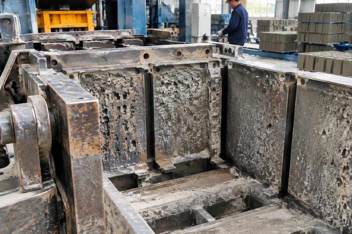 Close-up view of worn mold walls and surface pitting on a concrete block machine component
