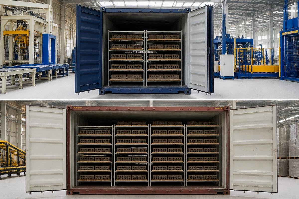 Comparison chart of 20GP vs 40HQ internal dimensions relative to standard curing rack packed size