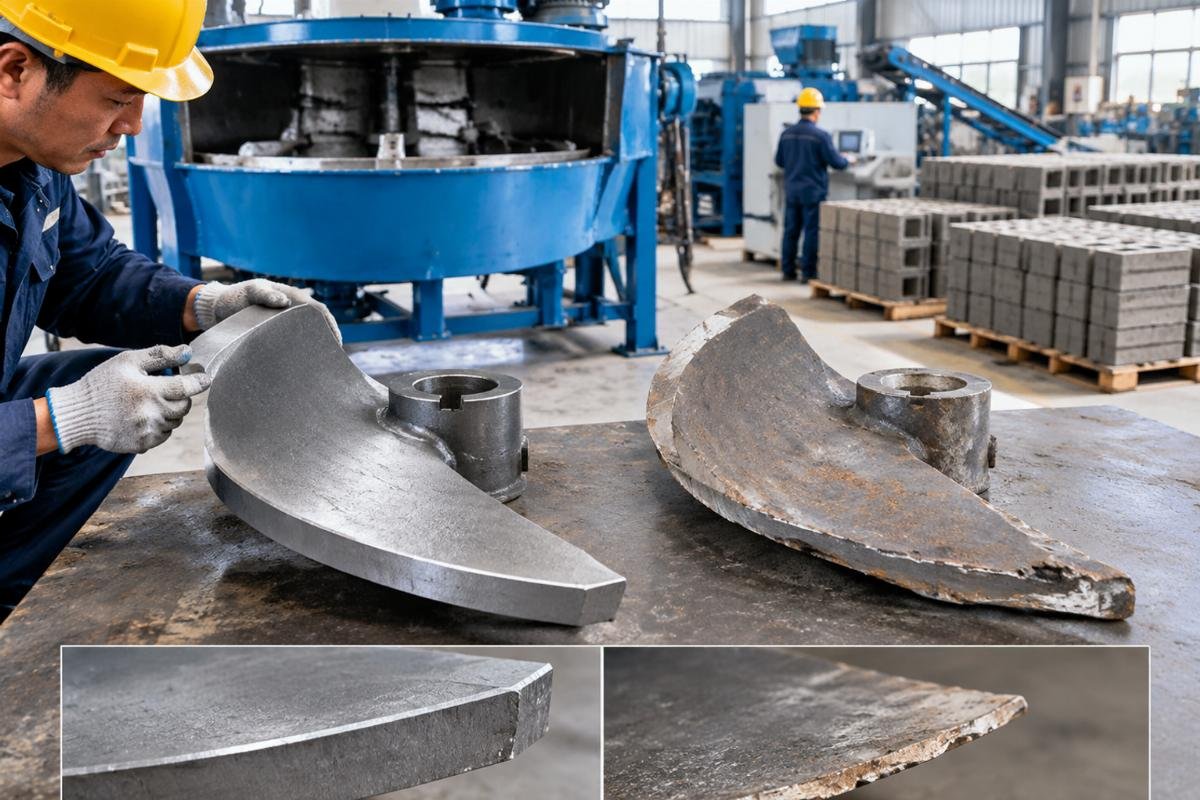 Comparison of a new mixer blade versus a worn one showing thickness reduction and edge damage