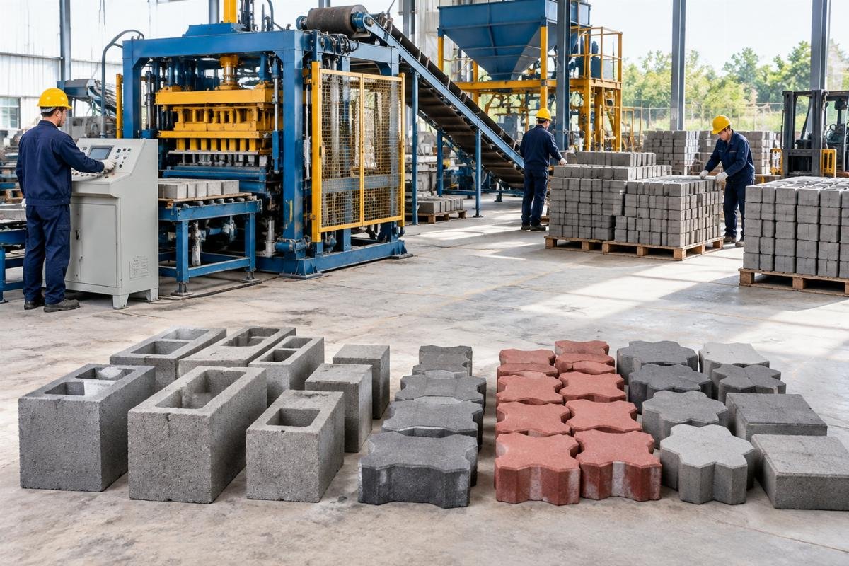 Comparison of block types showing varying complexity from simple hollow blocks to intricate interlocking pavers