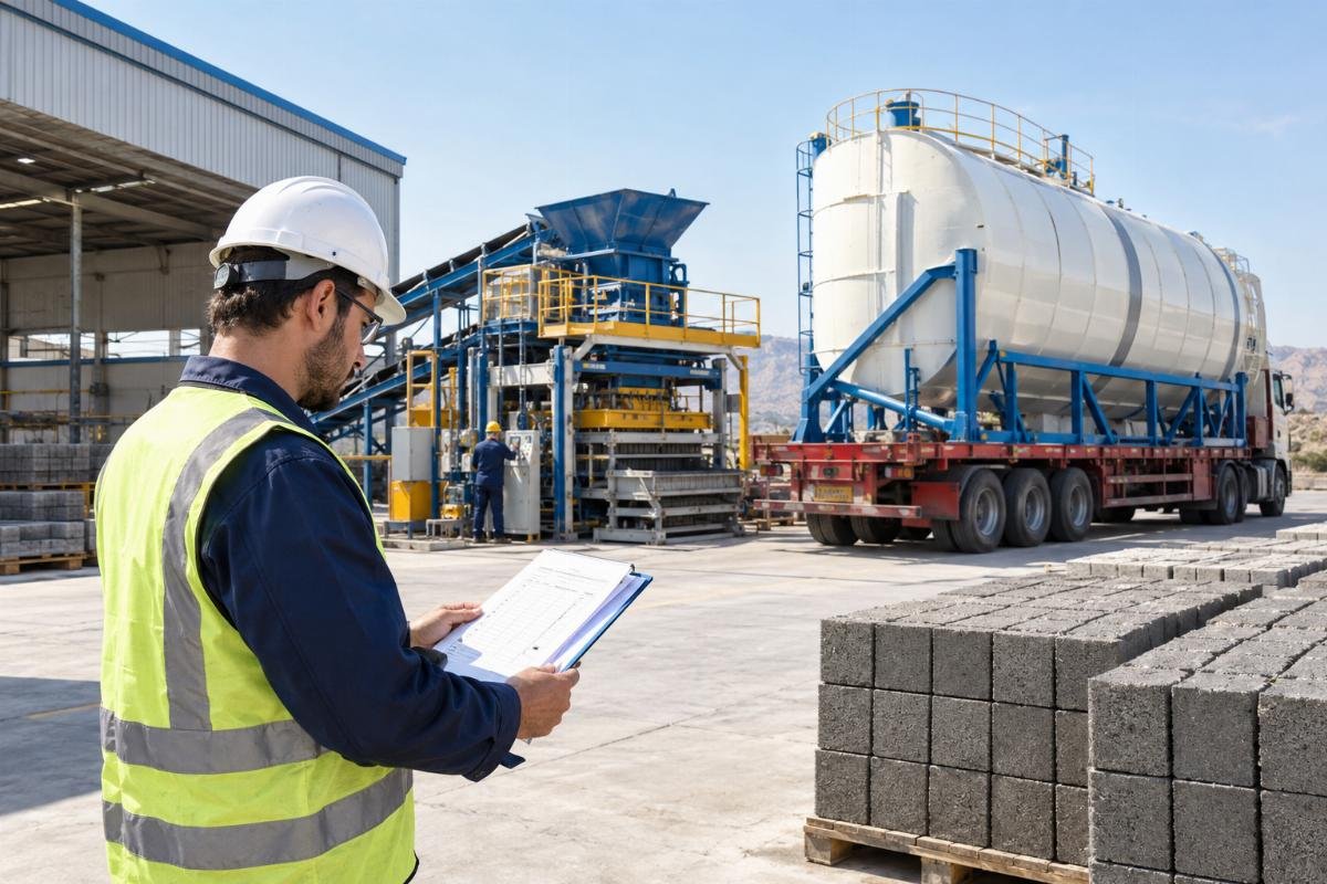 Engineer reviewing a checklist of SASO compliance documents against a finished cement silo ready for shipping
