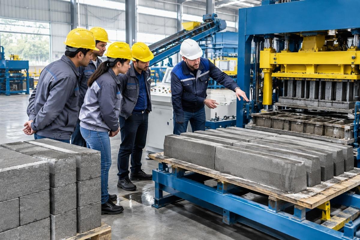 Group of operators receiving hands-on training on a kerbstone making machine with an engineer