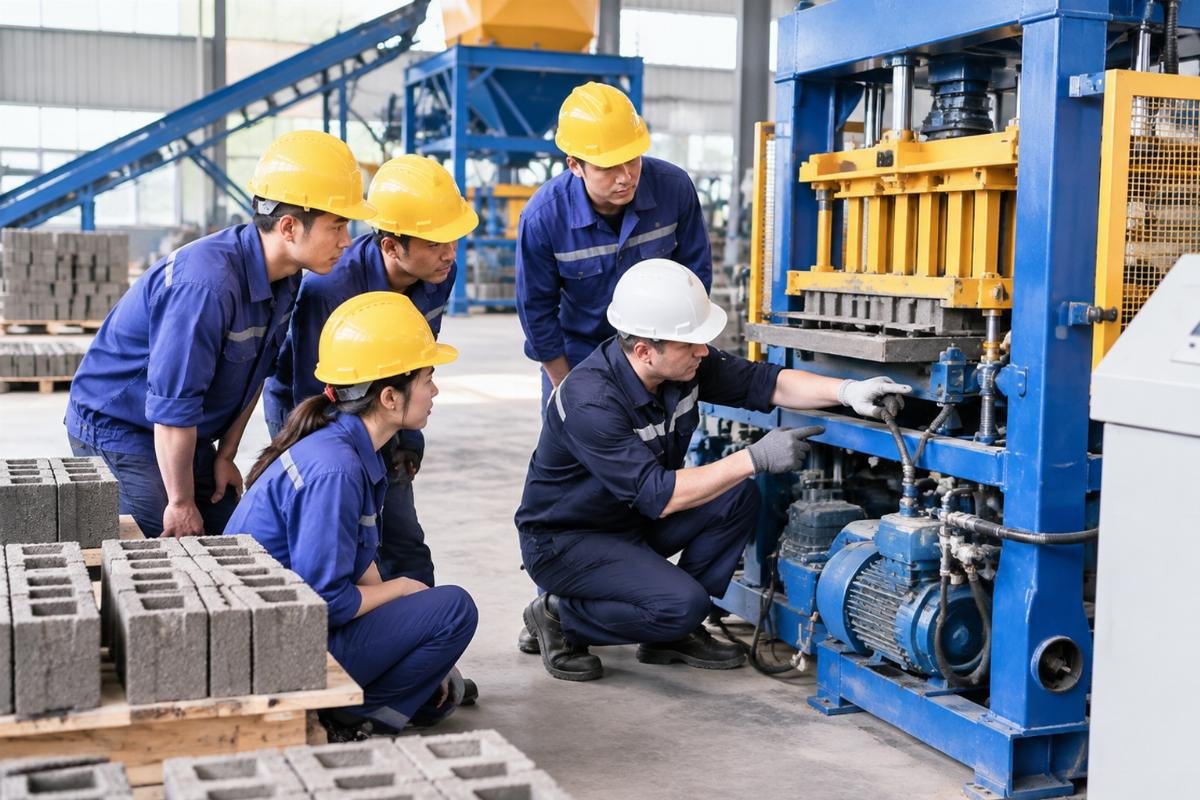 Group of operators receiving hands-on training on block machine maintenance and troubleshooting
