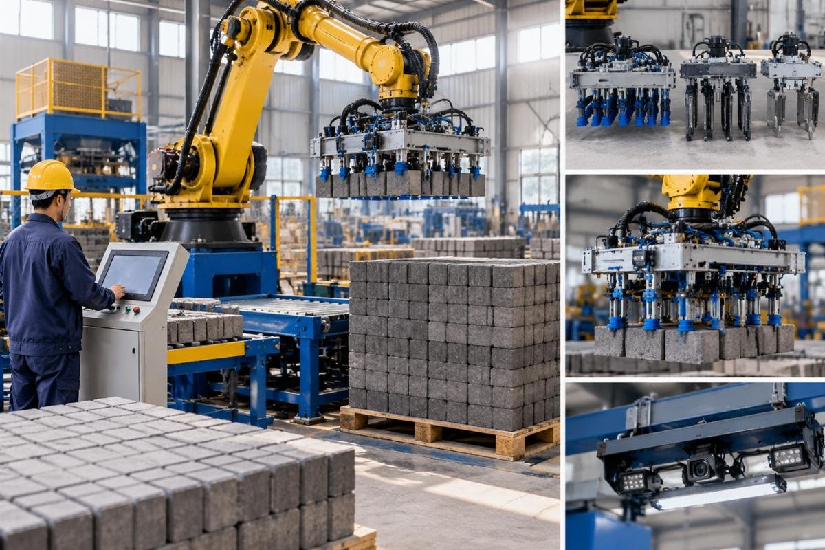 Illustration of a modular palletizer design showing interchangeable gripping heads and sensor arrays