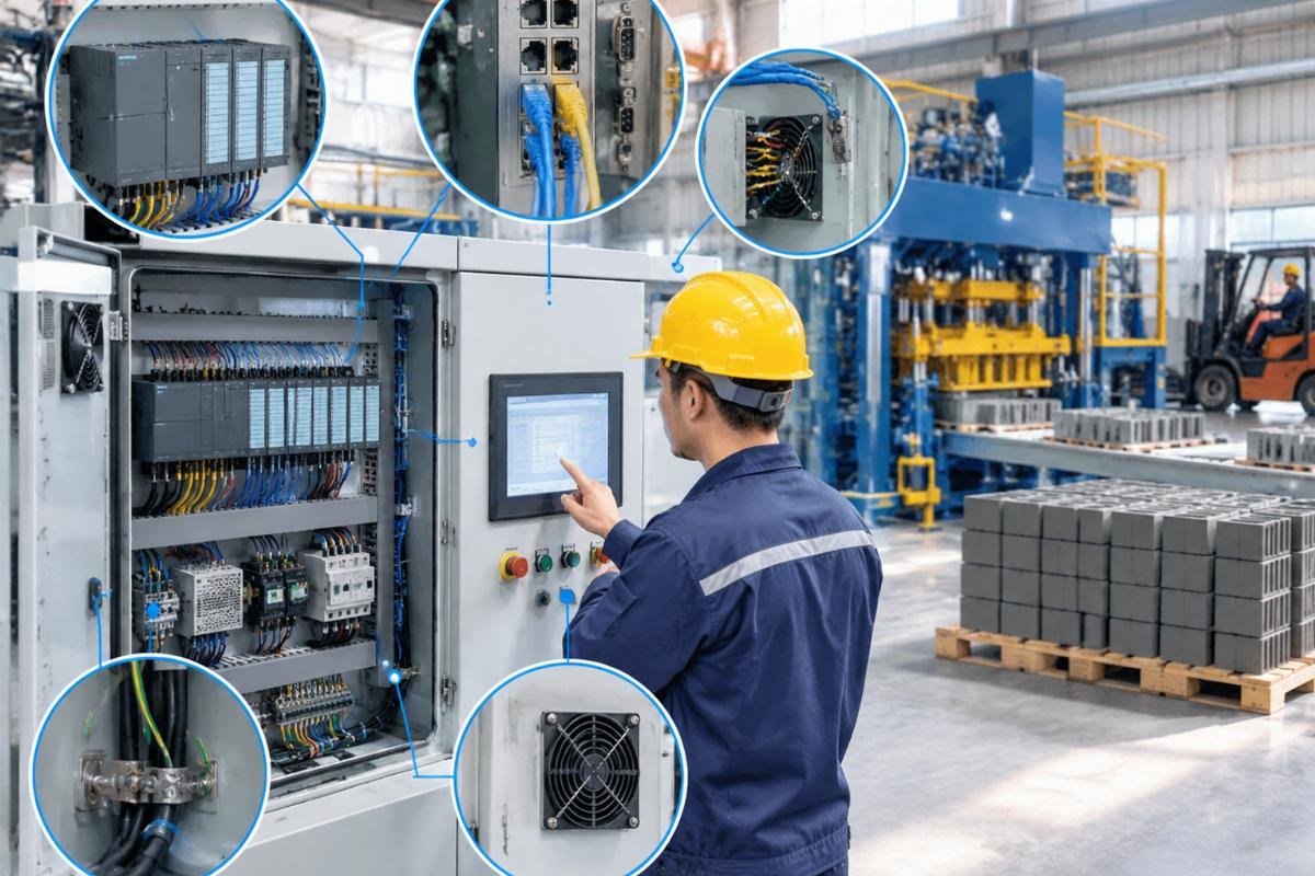 Illustration of PLC control panel with open protocol connectivity options and maintenance access points highlighted