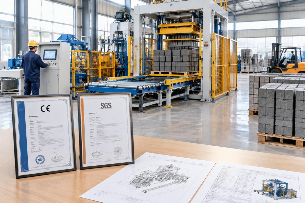 Image of CE and SGS certification documents aligned with technical parameter lists for a block palletizer