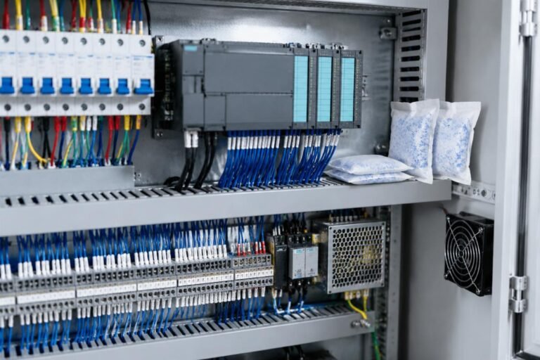 Interior of an electrical control cabinet with silica gel desiccant bags placed near the PLC module