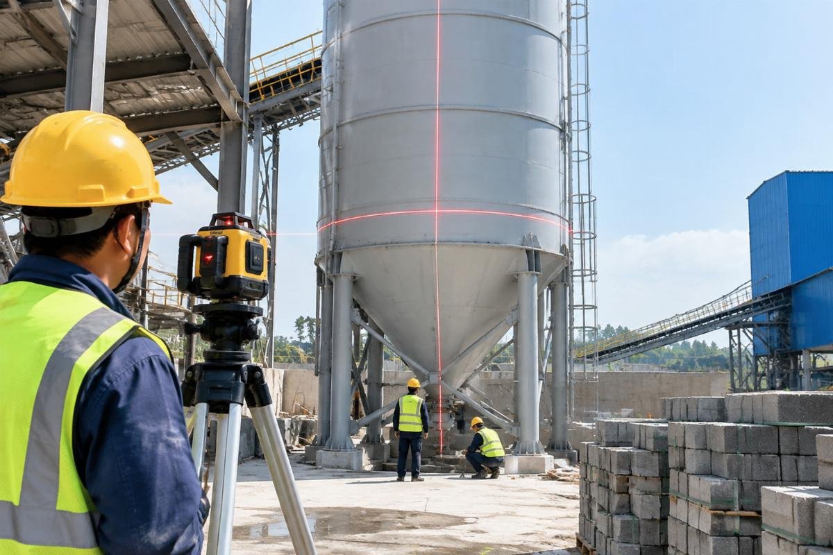 Laser level setup for measuring verticality of a large cement silo during installation