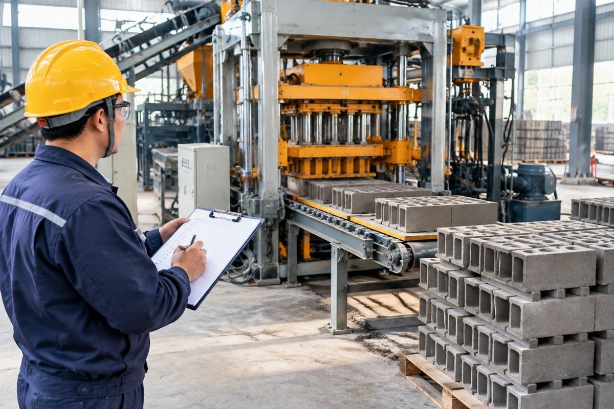 Maintenance checklist clipboard next to an egg-layer block machine during routine inspection