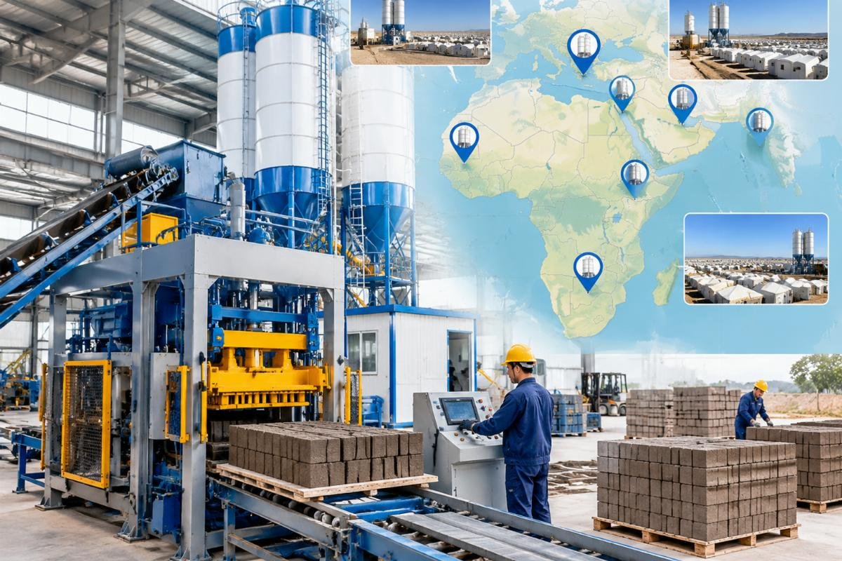 Map showing case study locations in Africa and the Middle East with icons representing successful cement silo for refugee housing projects deployments