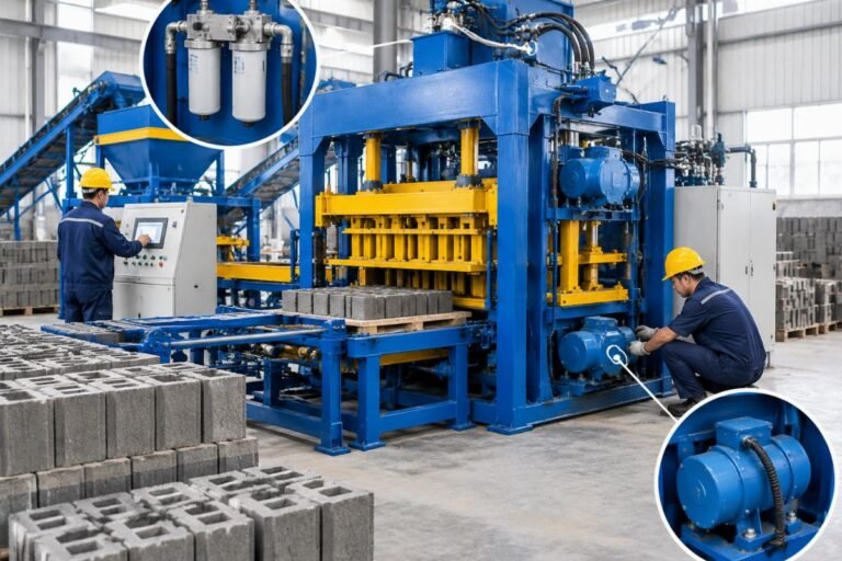 Technical diagram showing key maintenance points on a QT series hollow block machine including hydraulic filters and vibration motors