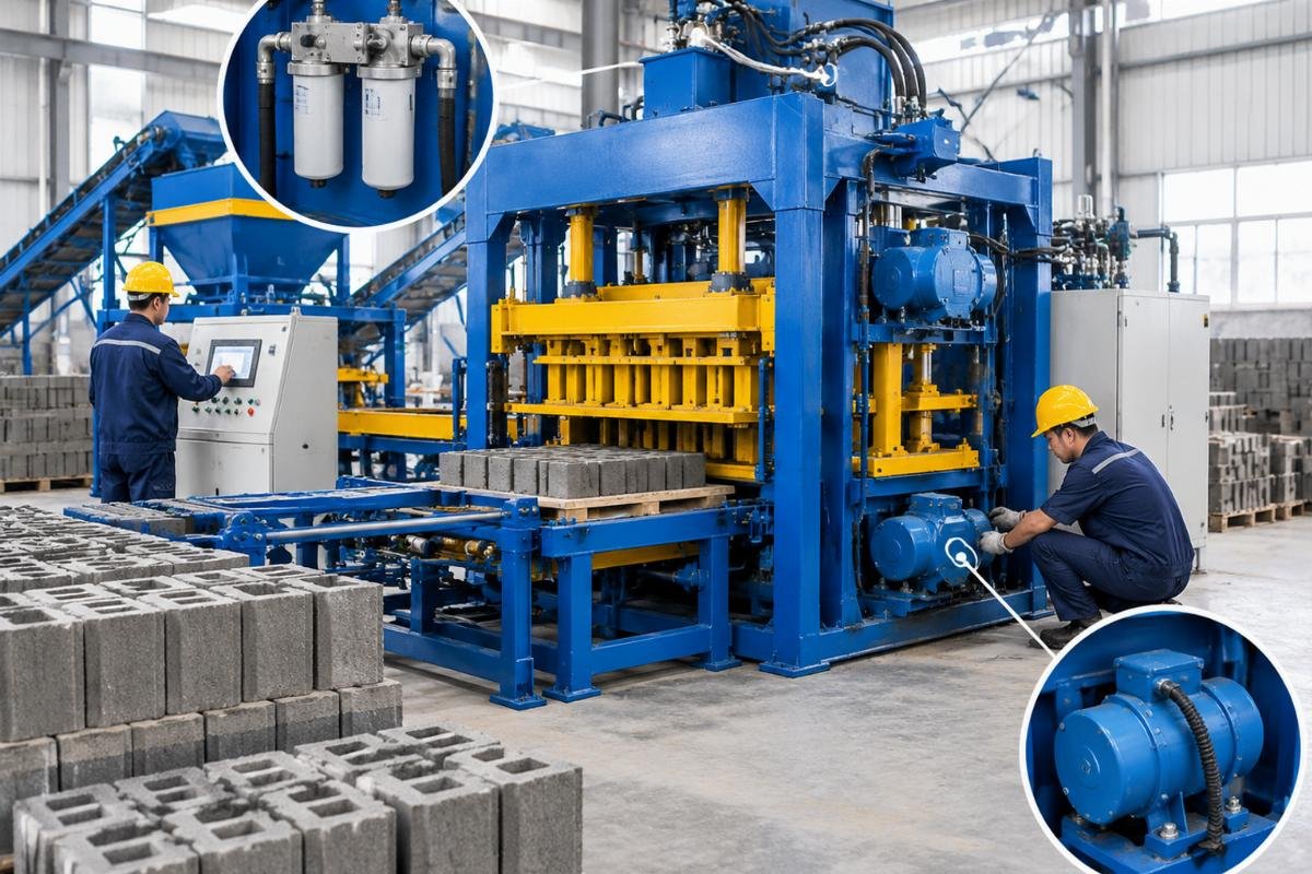 Technical diagram showing key maintenance points on a QT series hollow block machine including hydraulic filters and vibration motors