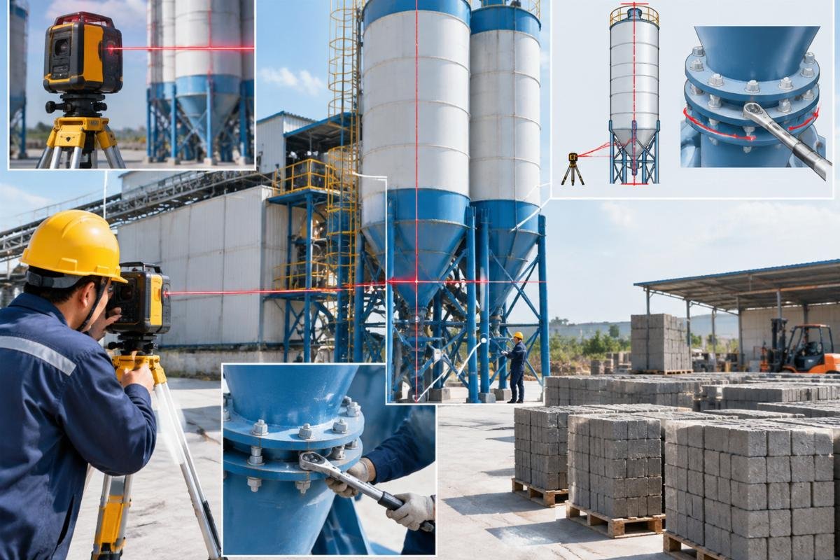 Technical diagram showing laser level measurement protocols for cement silo verticality and flange connection torque specifications