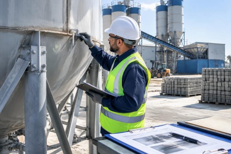 Technical inspector verifying steel thickness and welding standards on a cement silo against SASO certification documents