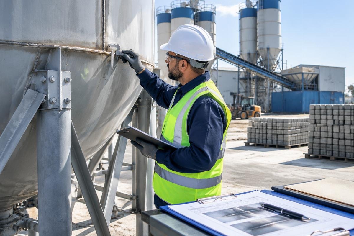 Technical inspector verifying steel thickness and welding standards on a cement silo against SASO certification documents