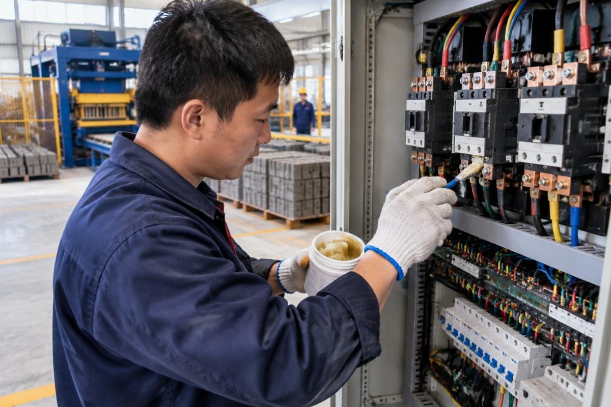 Technician applying dielectric grease to electrical contactors in a control panel